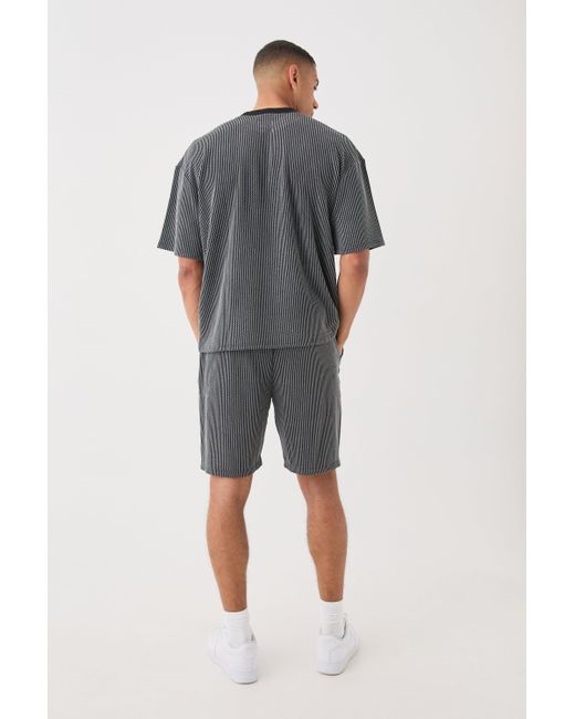 BoohooMAN Gray Oversized Boxy Extended Neck Stripe Texture T-shirt for men