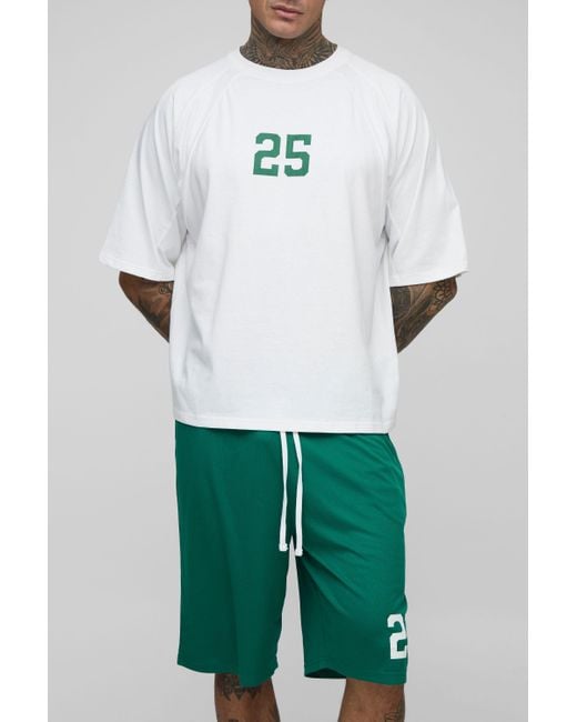 BoohooMAN Green Tall Oversized Boxy Worldwide Varsity Panel Print T-Shirt & Basketball Short Set for men