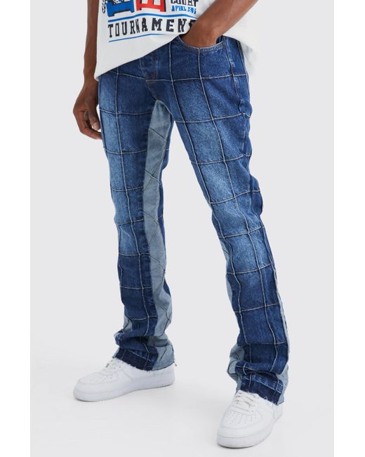 BoohooMAN Blue Slim Rigid Flare Panelled Gusset Jean for men