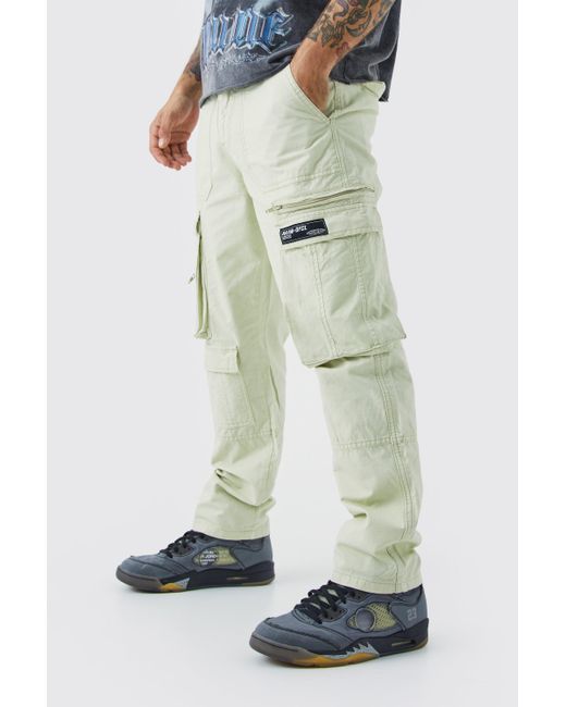 BoohooMAN Green Straight Leg Multi Zip Ripstop Cargo Trouser With Woven Tab for men