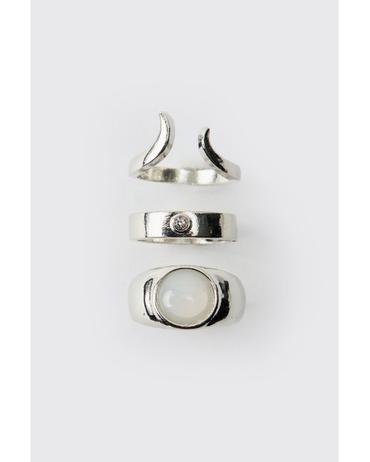 BoohooMAN Metallic Silver Ring 3 Pack for men