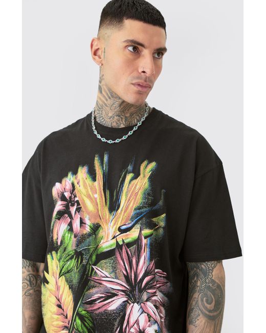 BoohooMAN Tall Oversized Multi Floral Print T-shirt In Black for men
