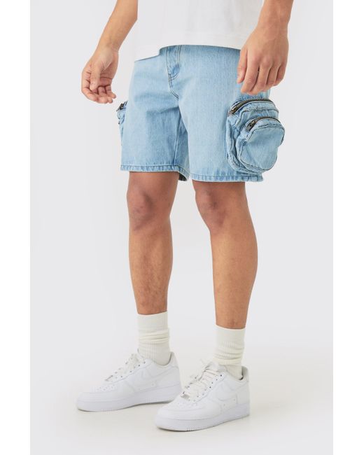 BoohooMAN Slim Fit 3d Cargo Pocket Denim Shorts In Light Blue für Herren