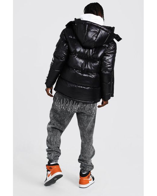 BoohooMAN High Shine Hooded Puffer Jacket in Black for Men