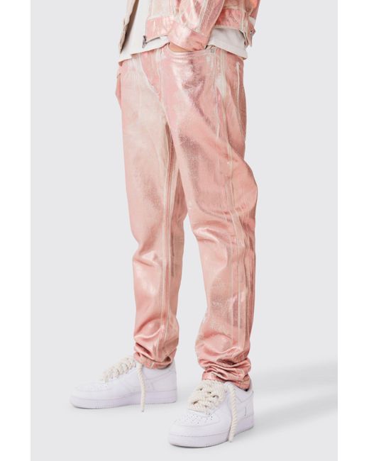 BoohooMAN Slim-Fit Jeans mit Metallic-Print in Pink für Herren