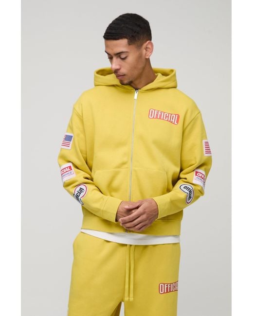 BoohooMAN Yellow Oversized Boxy Multi Moto Badge Zip Through Hooded Tracksuit for men