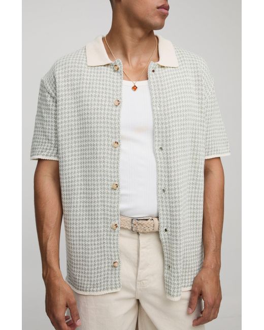 BoohooMAN White Regular Fit Houndstooth Knitted Shirt for men