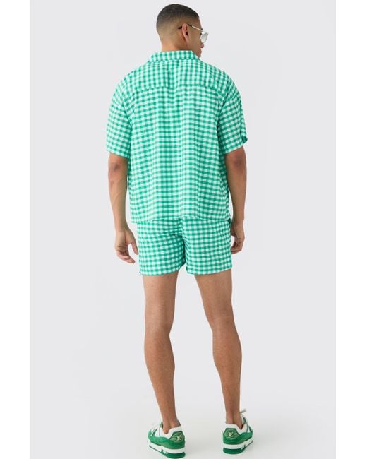BoohooMAN Green Gingham Shirt & Trunks Set for men