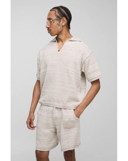 Boohoo Natural Oversized Boxy Knitted Marl Polo & Relaxed Short Set