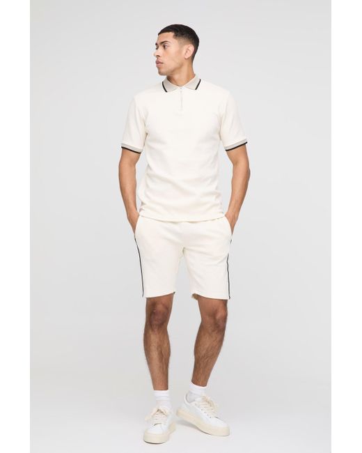 BoohooMAN White Slim Fit Pique Interlock Stripe Polo And Shorts Set for men