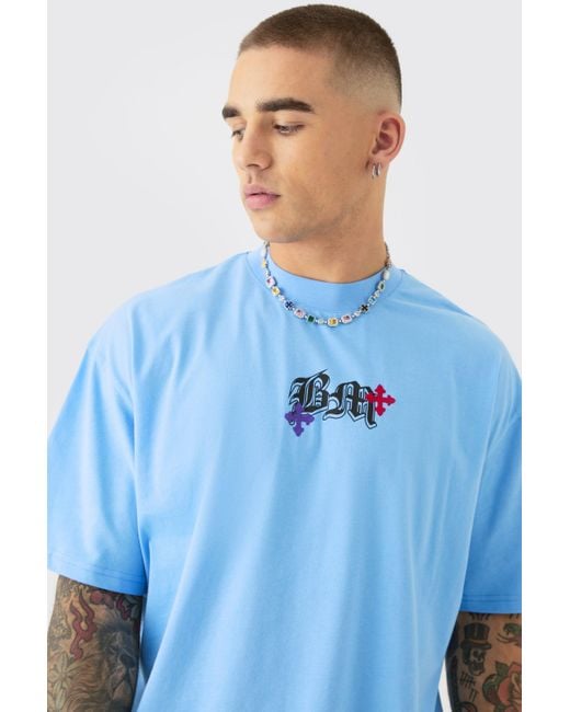BoohooMAN Blue Oversized Heavyweight Bm Cross Embroidered T-shirt for men
