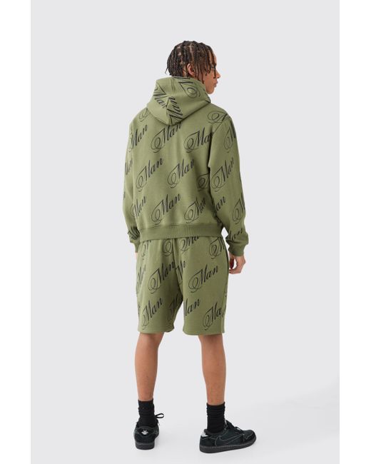 BoohooMAN Green Man Script All Over Print Boxy Hooded Short Tracksuit for men