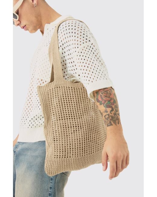 BoohooMAN White Crochet Tote Bag In Stone for men