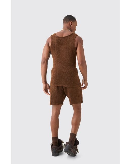 BoohooMAN Brown Relaxed Boucle Knit Short In Chocolate for men