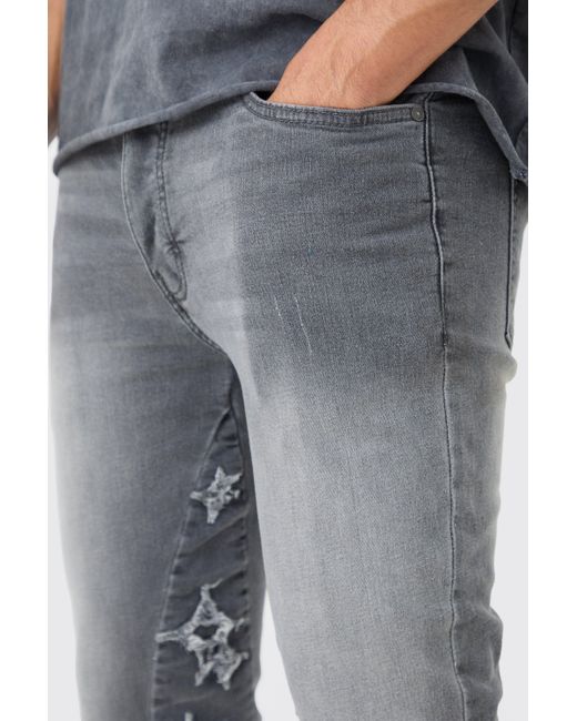 BoohooMAN Blue Skinny Stretch Overdyed Applique Gusset Jeans In Grey for men