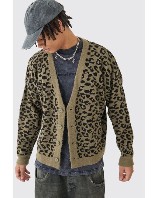 BoohooMAN Green Boxy Oversized Brushed Leopard All Over Jacquard Cardigan for men