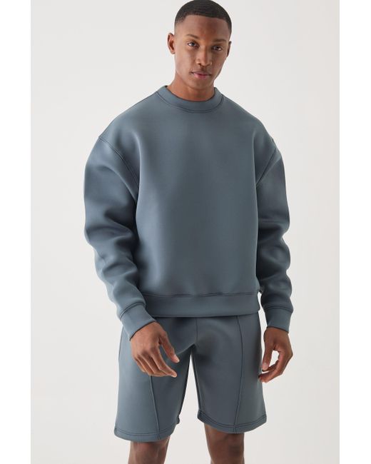 BoohooMAN Blue Oversized Boxy Bonded Scuba Sweater Short Tracksuit for men