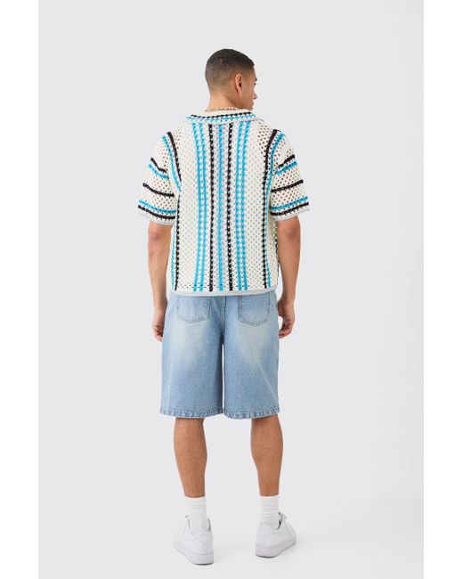 BoohooMAN Blue Oversized Boxy Open Knit Stripe Shirt for men