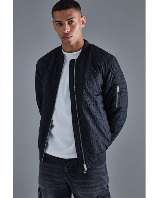 BoohooMAN Gray Embossed Dogtooth Bomber Jacket for men