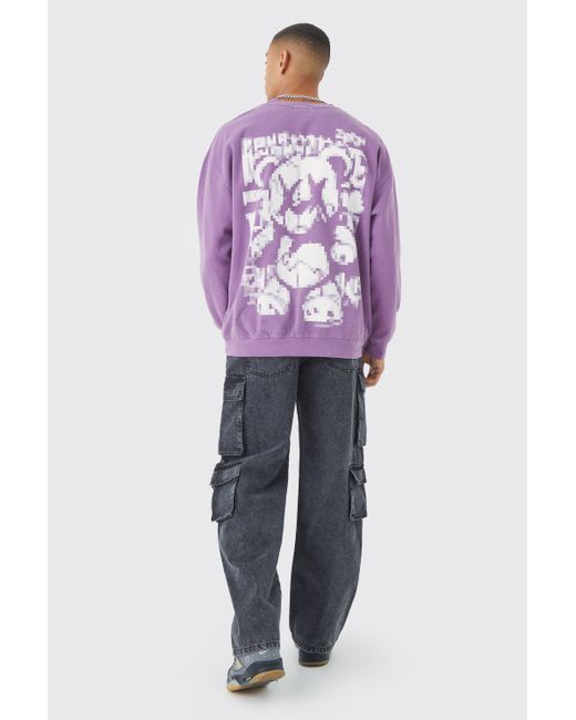 BoohooMAN Purple Overdye Pixilated Bear Sweatshirt for men