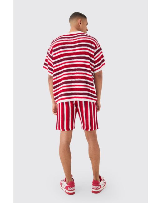 BoohooMAN Oversized Stripe Knitted T-shirt In White in Red für Herren