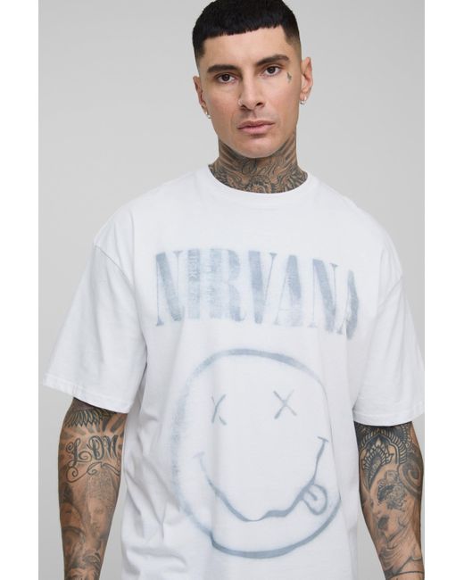 BoohooMAN Tall Oversize T-Shirt mit lizenziertem Nirvana-Print in White für Herren