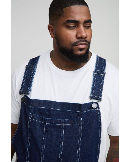 BoohooMAN Blue Plus Straight Leg Contrast Stitch Overalls for men