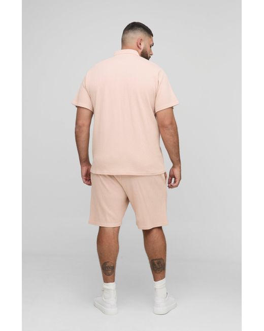 BoohooMAN Plus Poloshirt & Shorts in Waffeloptik in Natural für Herren