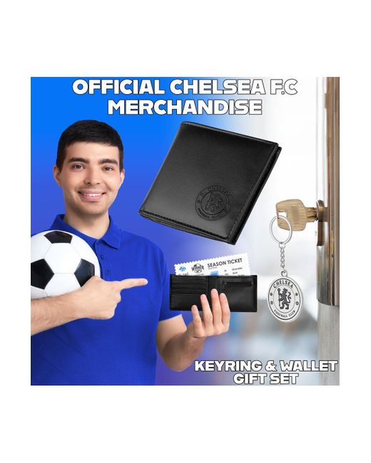 BoohooMAN Chelsea Fc Black Pu Wallet & Gold Keyring Set for men