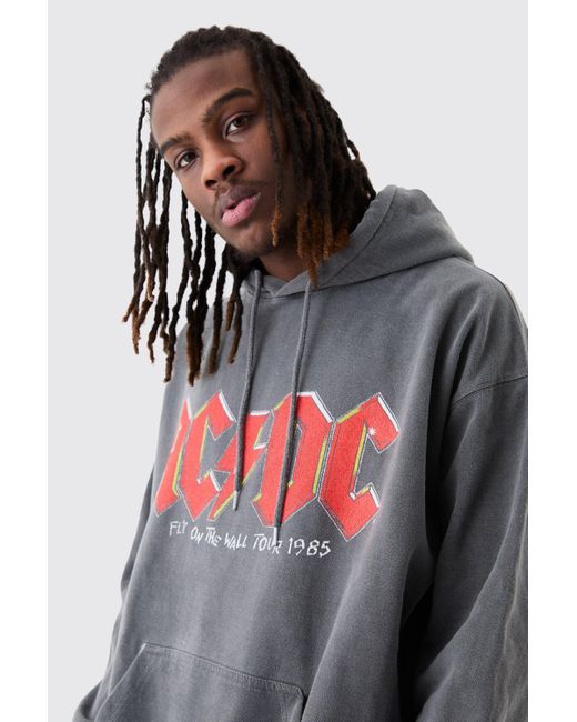 BoohooMAN Gray Oversized Acdc Band Wash License Hoodie for men