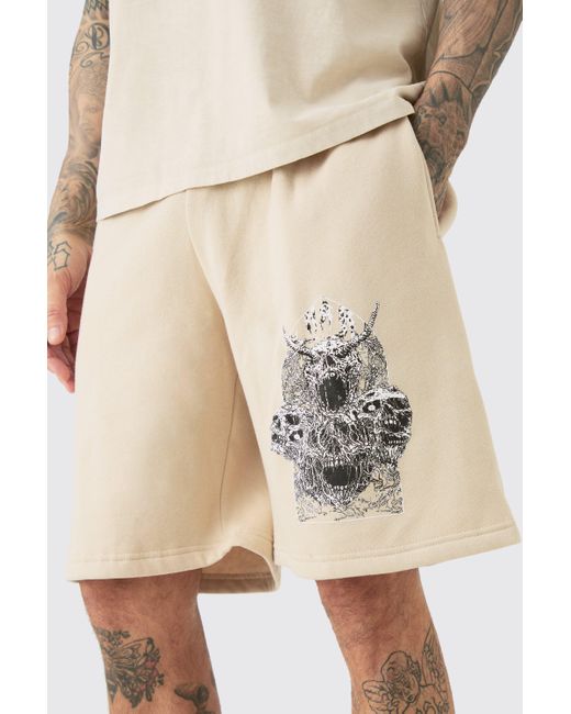 BoohooMAN Natural Tall Oversized Fit Gothic Print Jersey Shorts for men