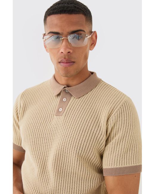 BoohooMAN Natural Regular Fit Ribbed Open Stitch Contrast Polo In Taupe for men