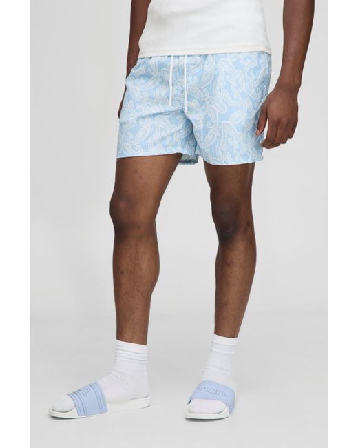 Mid Length Stripe Paisley Printed Swim Shorts Boohoo de color Blue
