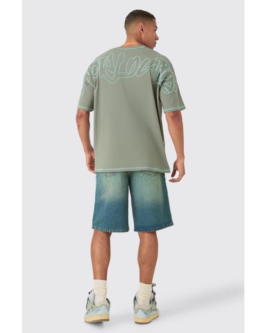 BoohooMAN Oversized Contrast Stitch Applique T-shirt in Green für Herren