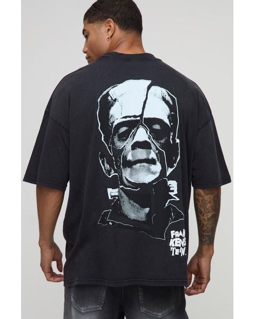 BoohooMAN Blue Oversized Extended Neck Frankenstein Halloween Acid Wash License Printed T-Shirt for men