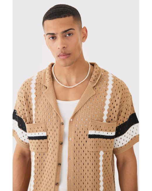 BoohooMAN Natural Oversized Boxy Open Stitch Revere Stripe Shirt In Stone for men