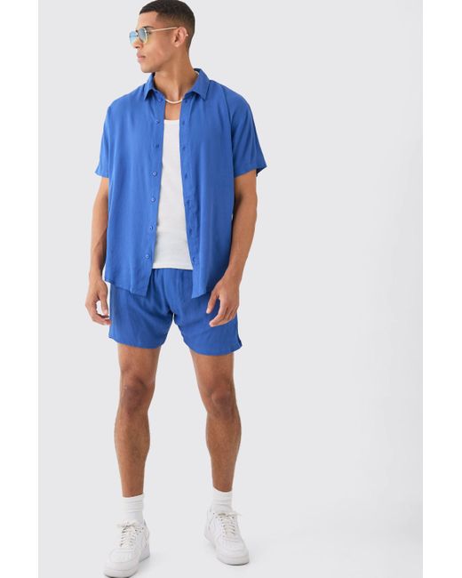 BoohooMAN Blue Oversized Short Sleeve Cheese Cloth Shirt And Short Set for men