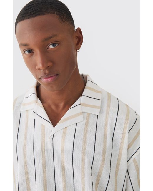 BoohooMAN White Oversized Revere Striped Crinkle Polo for men