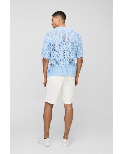 BoohooMAN Blue Regular Fit Stitch Interest Open Knitted T-Shirt for men
