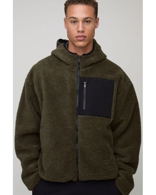 BoohooMAN Men's Green Tall Borg Zip Through Hooded Jacket