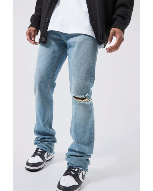 BoohooMAN Skinny Stacked Flare Jeans With Knee Rip in Blue for Men Lyst