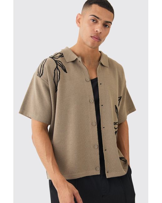 BoohooMAN Brown Boxy Jacquard Knit Floral Detail Shirt In Taupe for men