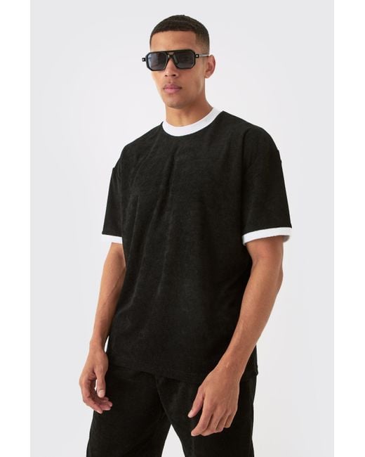 BoohooMAN Black Oversized Extended Neck Contrast Towelling T-shirt for men