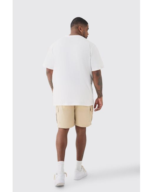 BoohooMAN Natural Plus Elastic Waist Stone Slim Fit Cargo Shorts for men