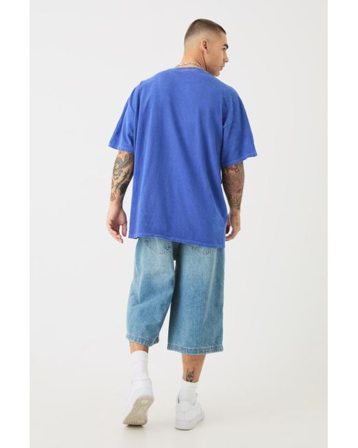 BoohooMAN Blue Oversized Washed Printed T-shirt for men
