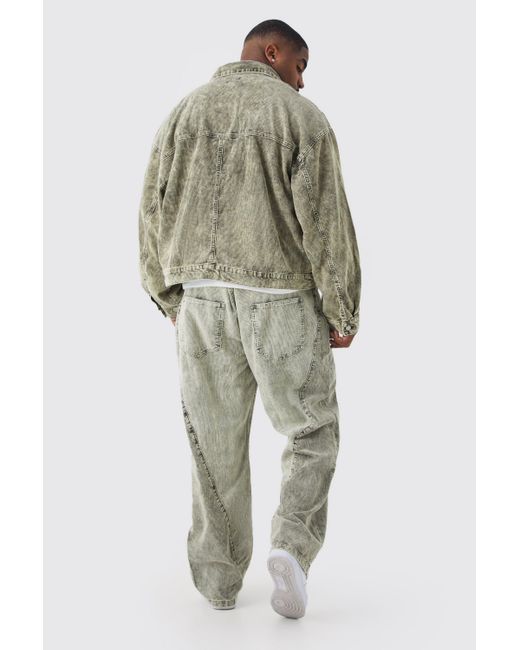 BoohooMAN Gray Plus Boxy Colour Block Acid Wash Cord Jacket for men