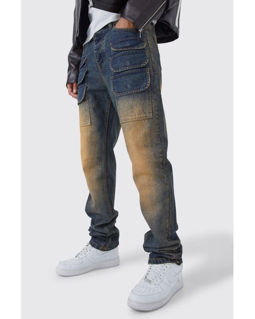 BoohooMAN Blue Tall Straight Rigid Ripped Tinted Cargo Jean for men