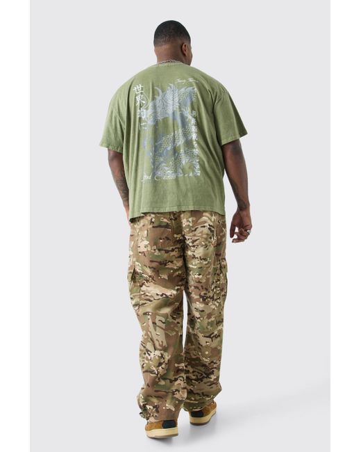 BoohooMAN Green Plus Fixed Waist Relaxed Twill Camo Cargo Trouser for men