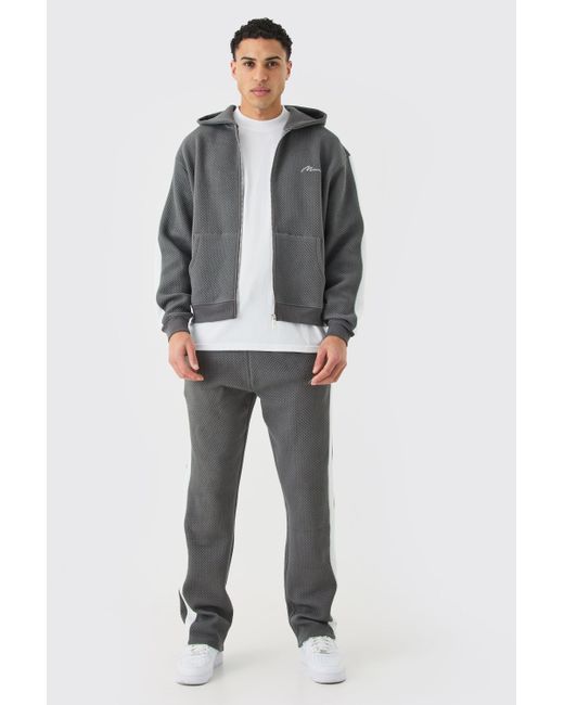BoohooMAN Gray Oversized Boxy Quilted Embroided Hooded Short Tracksuit for men