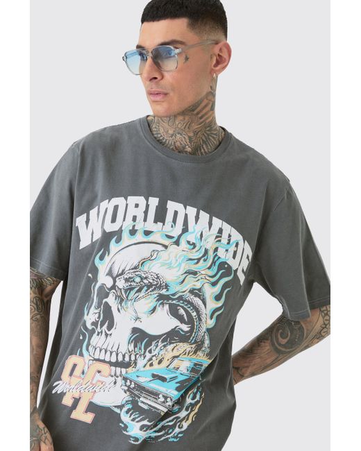 BoohooMAN Tall Worldwide Gothic T-shirt In Acid Wash in Gray für Herren